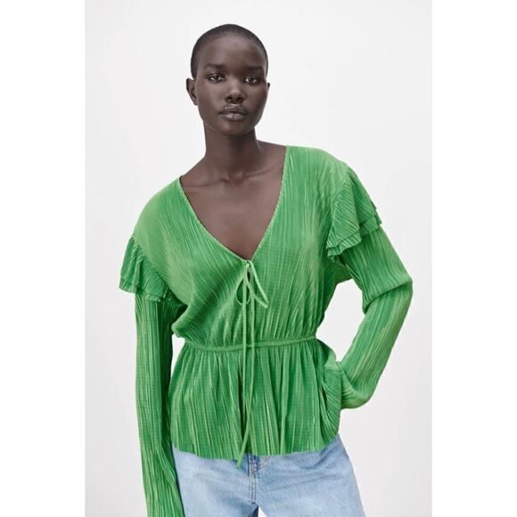 NWT Zara Green Ruffled Pleated Crinkled Long Sleeve Blouse, Size Small - Picture 6 of 13